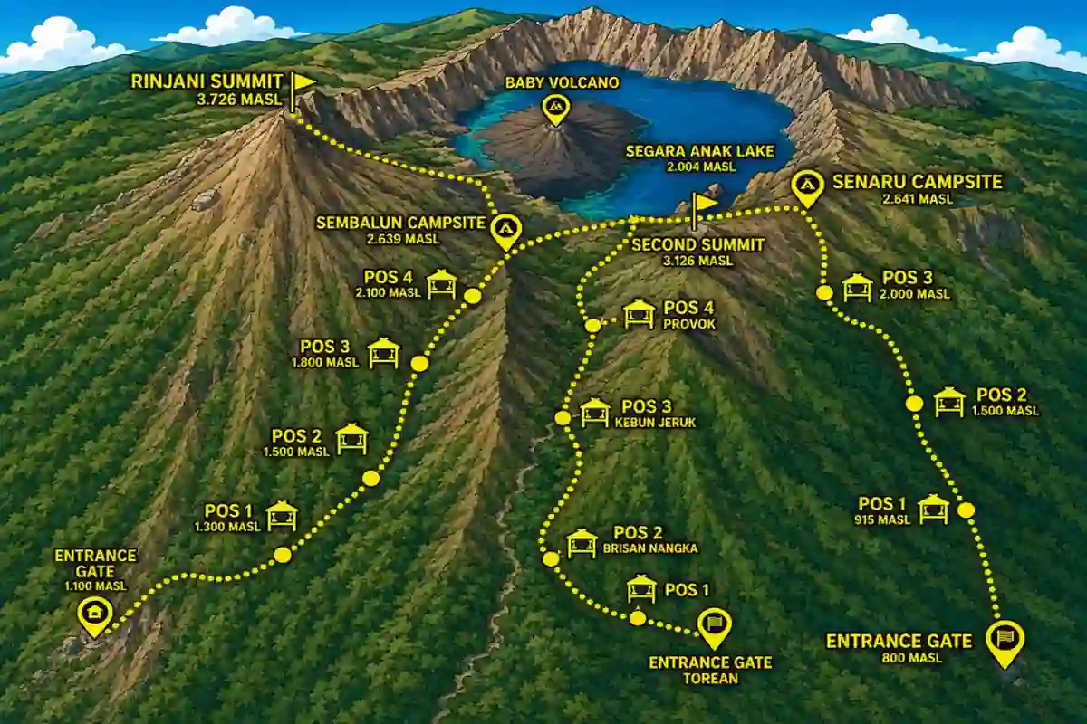 rinjani trek map 4 days 3 nights