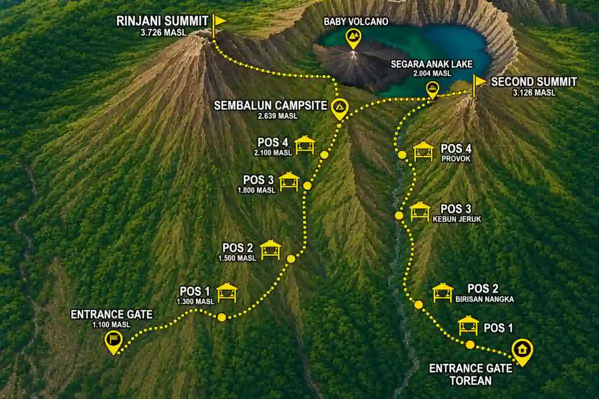 sembalun to torean route map 3 days